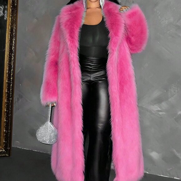 Hot Pink Casual Women's Plus Size Lapel Neck Loose Faux Fur Coat - Picture 3 of 6